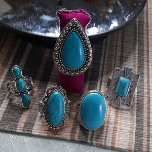Set of 5 Turquoise and Silver Statement Rings -$6 Each Or All For $25